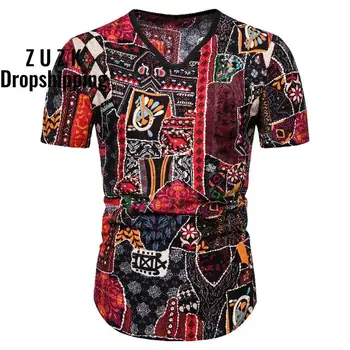 

ZUZK 10 Colors Summer Mens Cotton Linen T Shirt ,Short Sleeved Floral Hawaiian Tshirts Men Fashion 3D Print V-neck Tops Tees