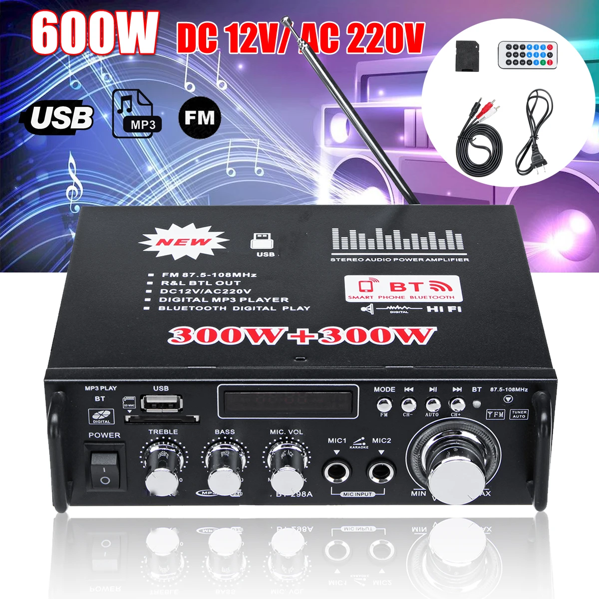 Audew 600W 12V/220V bluetooth Мощность усилитель Системы звук стерео приемника MP3 плеер