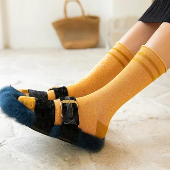 

Women Solid Metallic Lurex Striped Ankle Socks Girls Shinny Glitter Stripes Short Socks Female Summer Autumn Socks
