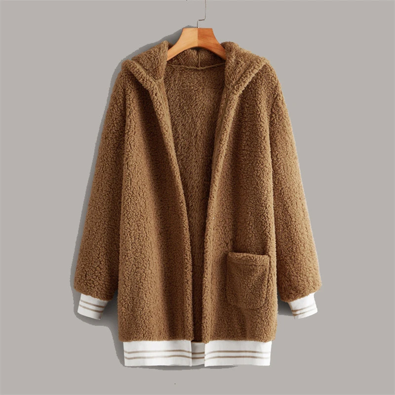 

Winter Casual Loose Solid Fleece Hooded Teddy Bear Coat Female Cute Warm Soft Plus Size Winter Outwear Fashion Women Fluffy Coat