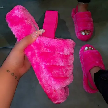 

Indoor Fur Slippers Women Fur Slides Female Comfortable Home Shoes Plush Flats Shoes Chanclas Mujer 2020