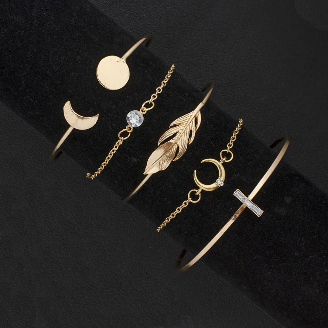 Богемные трендовые браслеты-манжеты золотистого цвета, Набор браслетов с большими листьями и луной, браслет с кристаллами, стразы, открытые браслеты, женские очаровательные пляжные ювелирные изделия