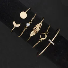 Богемные трендовые браслеты-манжеты золотистого цвета, Набор браслетов с большими листьями и луной, браслет с кристаллами, стразы, открытые браслеты, женские очаровательные пляжные ювелирные изделия