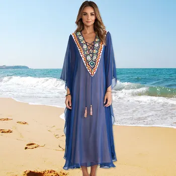 

Pareo Beach Cover Up Swimwear Women Bikini Dress Swimming Ladies Wear Blue Chiffon Embroidered Robe Loose Plus Size Swimsuit