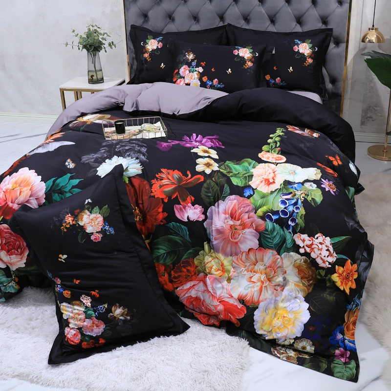 100% Egyptian Cotton US size Bedding Queen King size 4Pcs Birds and Flowers Leaf Gray Shabby Duvet Cover Bed sheet Pillow shams