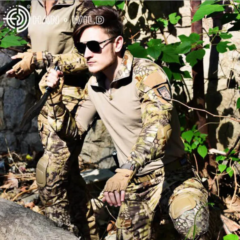 Лесной камуфляж камуфляжная охотничья одежда Для мужчин тактические набор лягушек Военная униформа для страйкбола Снайпер боевой рубашка+ брюки+ защита для коленей и локтей - Цвет: Desert Python