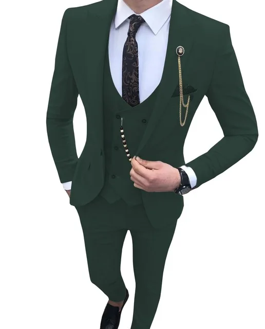 Dark green Мужской костюм, приталенный, 3 предмета, королевский синий, Повседневный, выпускной, смокинг, жених, остроконечный, с отворотом, Деловой, для свадьбы, костюмы для мужчин(Блейзер+ жилет+ брюки - Цвет: Dark green