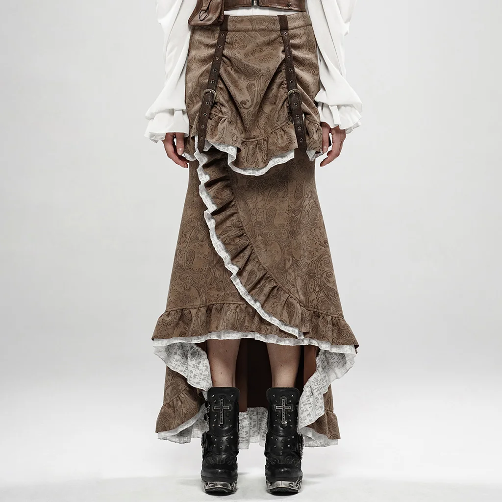 Punk Rave Vrouwen Steampunk Gorgeous Noble Fishtail Rok Klassieke Lotusblad Rand Hoge Lage Geplooide Punk Rok Punk Rave Vrouwen Steampunk Gorgeous Noble Fishtail Rok Klassieke Lotusblad Rand Hoge Lage Geplooide Punk Rok