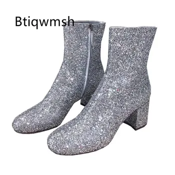 

2020 Silver Rhinestone Ankle Boots Women Pointed Toe Butterfly Knot High Heel Shoes Woman Fashion Short Boots