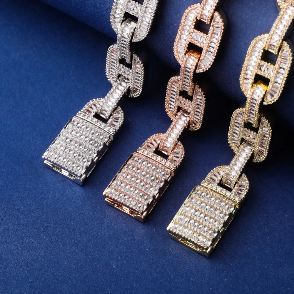 Banhado a Gelo para Fora Topgrillz Miami Grande Caixa Fecho Cubana Link Pulseira Charme Ouro Prata Baguette Zircon Masculino Hip Hop Jóias 14mm 13 link pulseira charme ouro prata banhado a