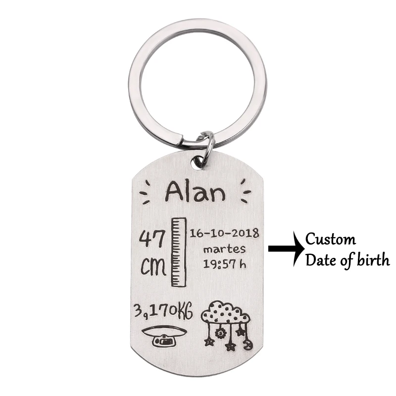

Baby Stats Weight Length Custom Name Keychain New Dad Mom Keepsake Baby Birth Round Key chain Jewelry Gift Commemorate Engrave
