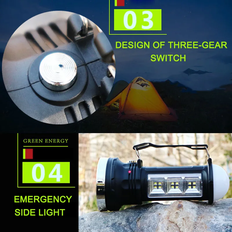 

Hot Selling Solar Power Rechargeable LED Flashlight Outdoor Camping Tent Light Lantern Lamp with Handle