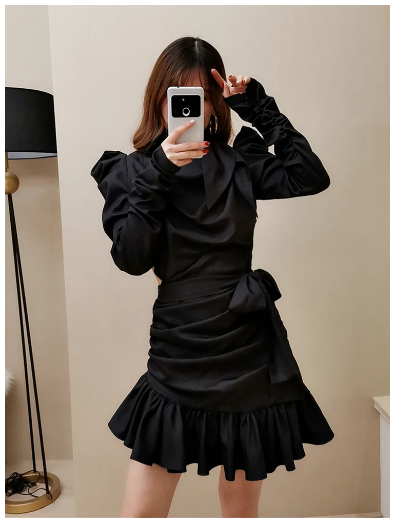Асимметричное женское платье с бантом и длинным рукавом, Бандажное платье с оборками, черные женские платья, мода, дизайн, черный/бежевый цвет