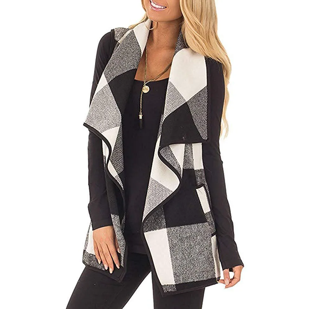 Women's Lapel Open Front Plaid Vest Sleeveless Buffalo Outerwear Cardigan with Pockets - Цвет: 4