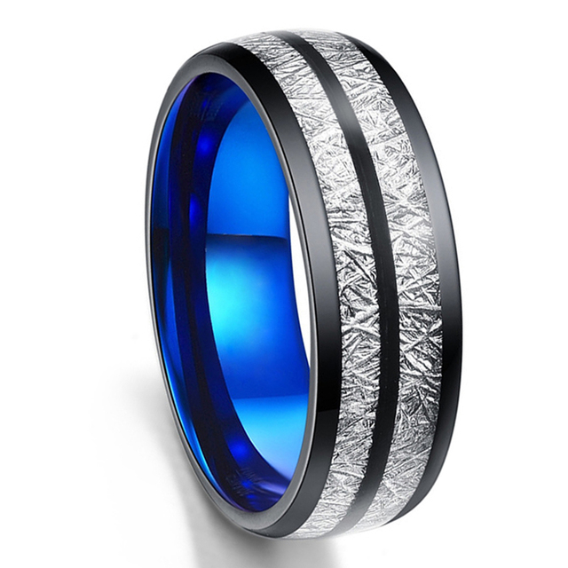 Men Thin Blue Line Black Stainless steel Ring Koa Wood And Abalone Shell Inlay Red Meteorite Ring Arrow Men Wedding Band