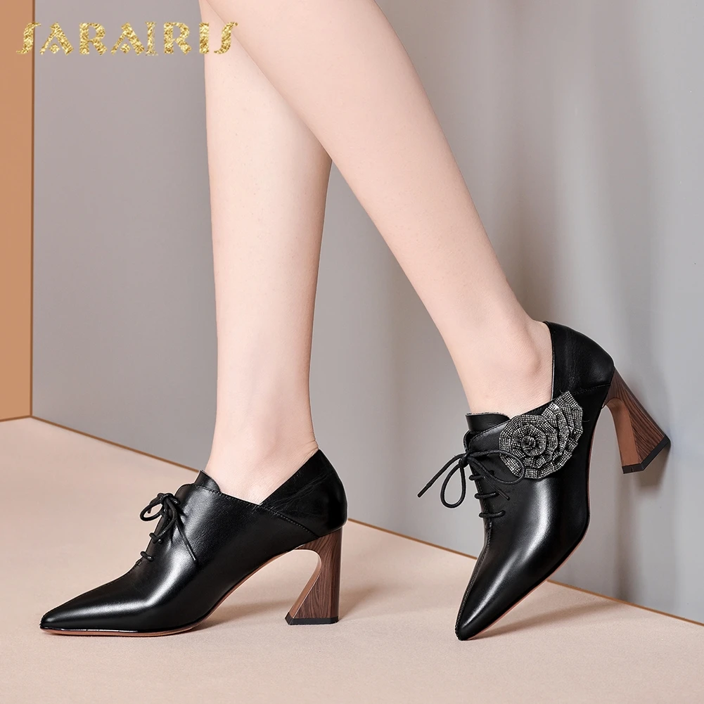 

Sarairis New Arrivals Genuine Cow Leather High Heels Pointed Toe Shoes Woman Pumps Lace-Up Strange Style Office Lady Pumps Women