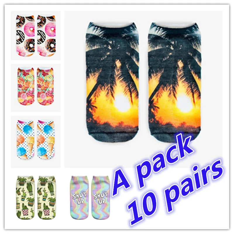 QianBei, 10 пар/упак., новинка,, женские носки с 3D принтом, брендовый носок, модные носки унисекс, женские низкие носки, распродажа
