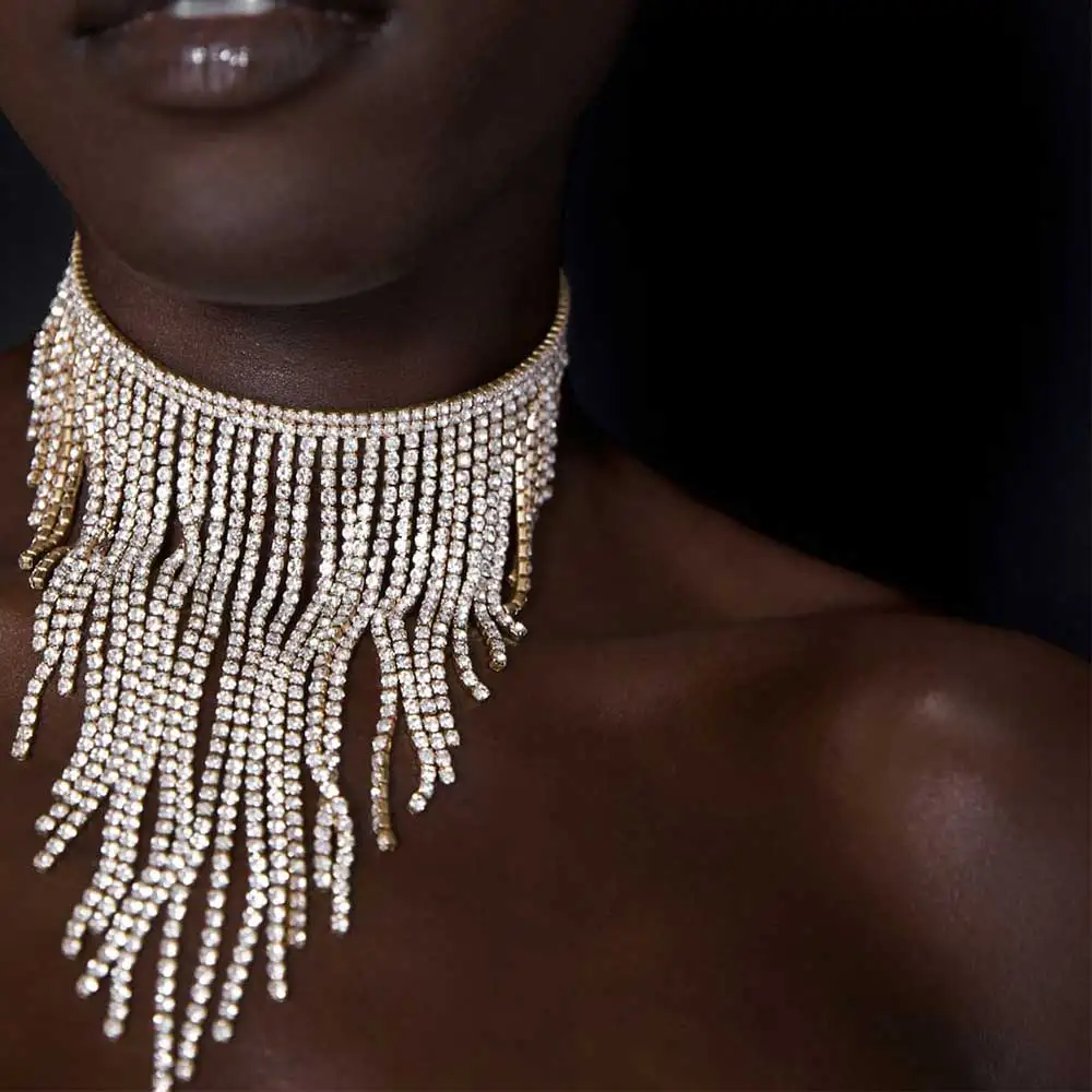 

JUST FEEL Fashion Za Tassel Crystal Chain Choker Necklace For Women Bohemian Charm Statement Pendant Necklace 2019 Jewelry Gift