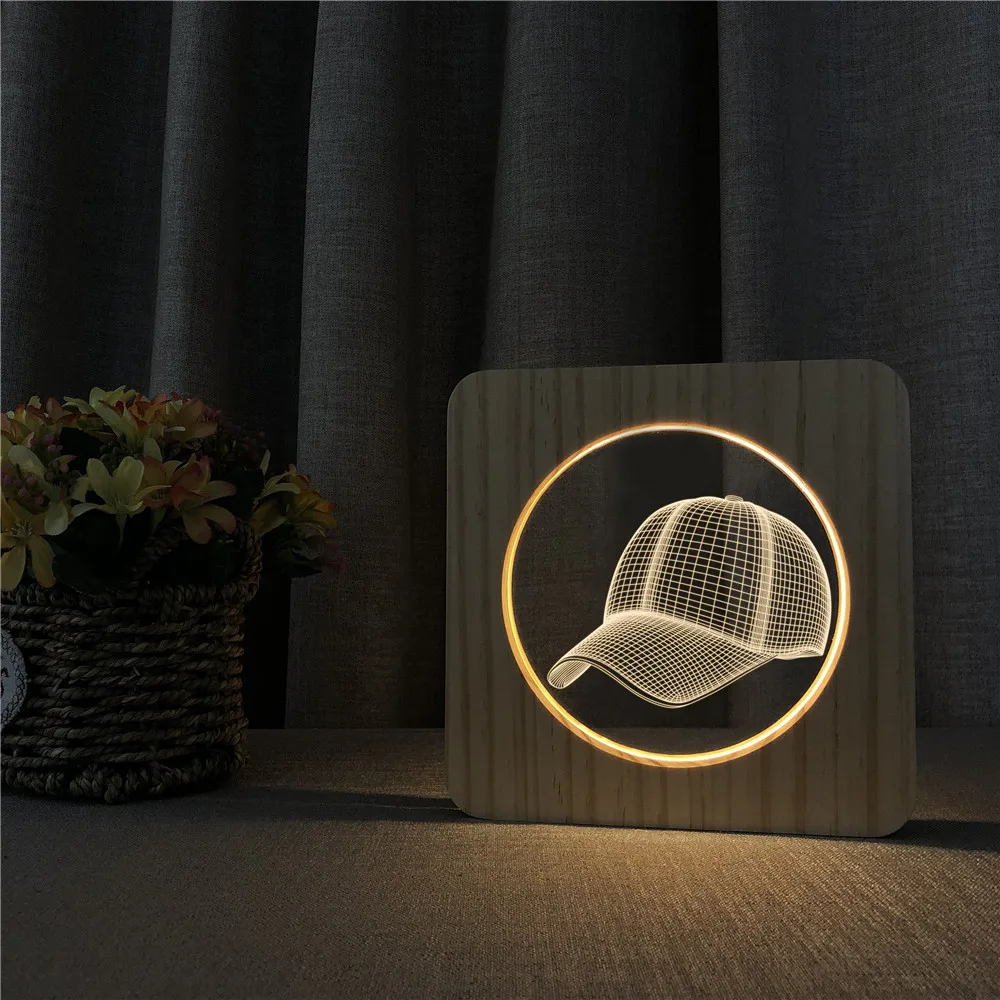 Baseball Cap Sports 3D LED Arylic Wooden Night Lamp Table Light Switch Control Carving for Children's Room Decoration Gift | Лампы и