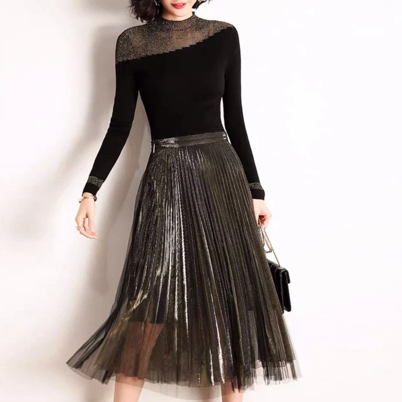 

XF Commuting Elegance High Quality Knitted Tulle Ladies Set 2020 Spring New Stitching Elastic Pleated Long Half Skirt Two-Piece