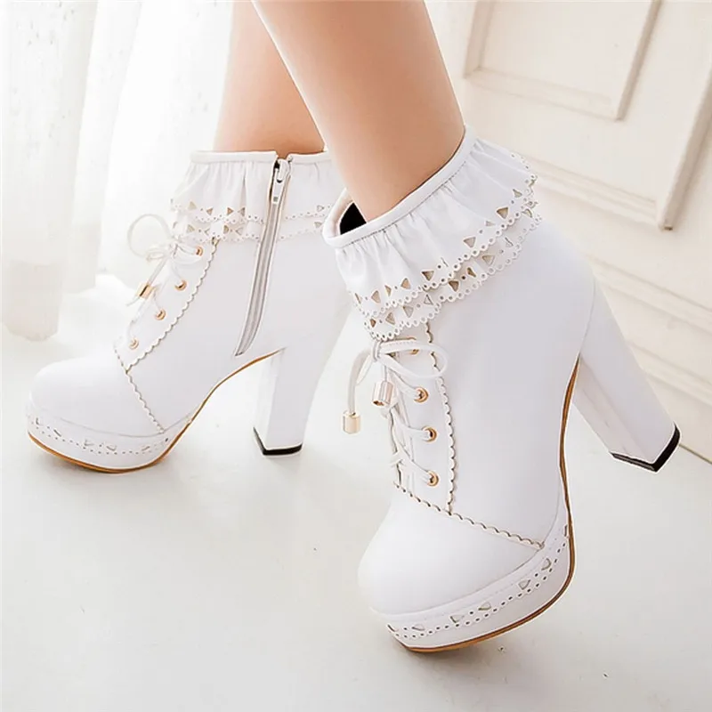 

Botas Mujer Fashion Lolita Sweet Round Toe Lace Up Platform Super High Heel Ankle Snow Boots Retro Leather Boots Women #5