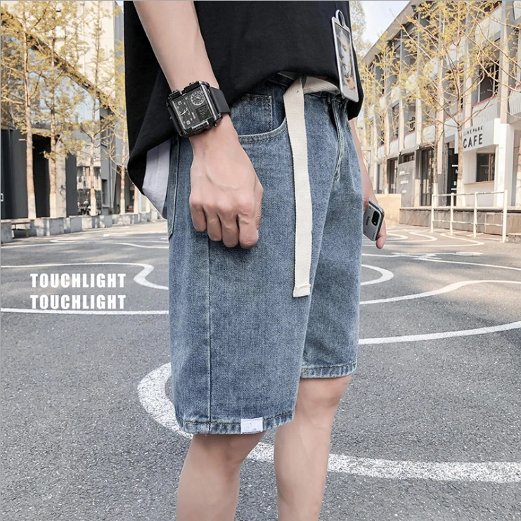 2021 de los hombres ropa de calle coreana pantalones vaqueros ancho pierna pantalones cortos Denim hombre Casual de gran tamaño cortos| - AliExpress