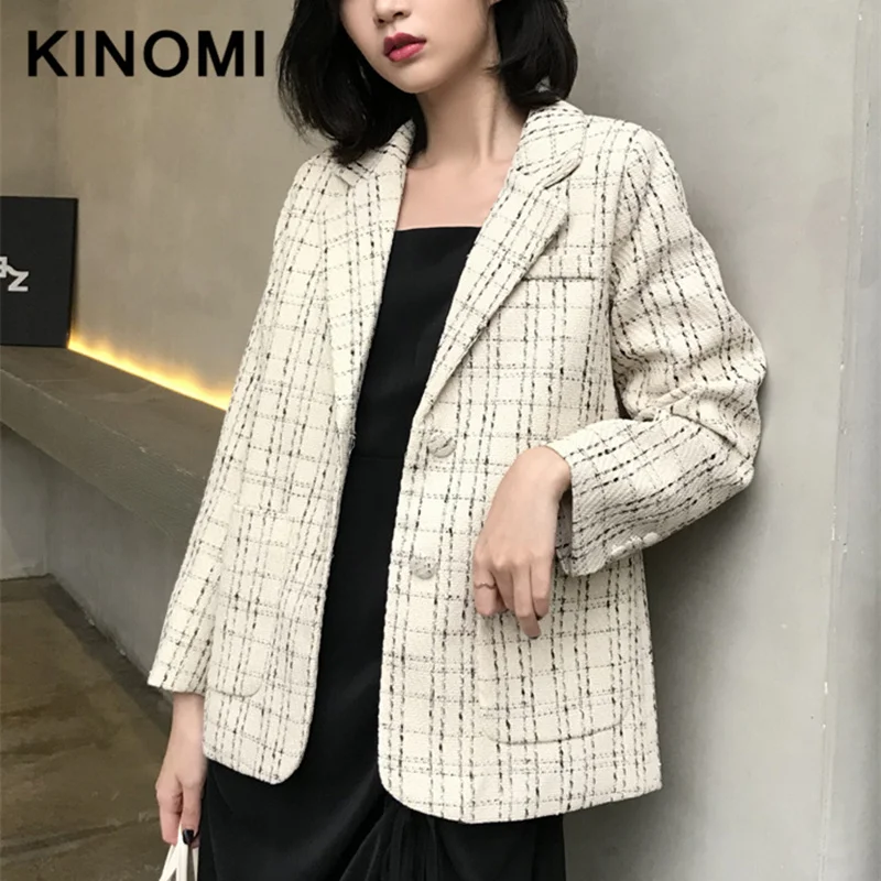 

KINOMI Korean Style Long Sleeve Plaid Print Vintage Single Breasted Office Ladies Loose Suit Coat Jacket Female 2019 New Arrival