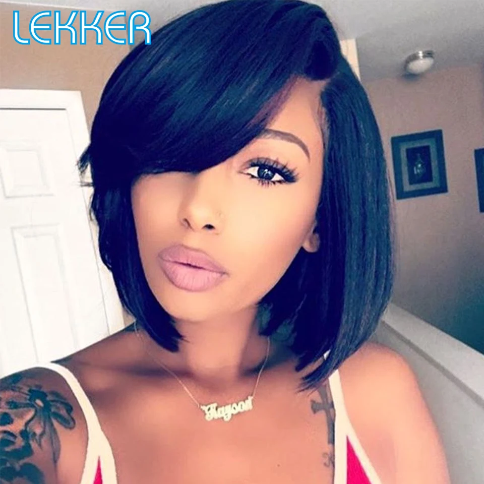 Lekker T Part Colored Short Straight Bob Lace Front Human Hair Wig With Bangs For Women Natural Brazilian Remy Burgundy Red Wigs