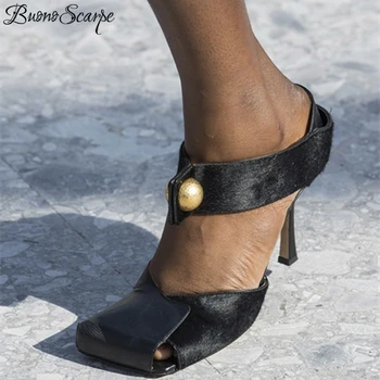 

Brand Sqaure Toe High Heel Shoes Metal Decor Heels Shoes Black Leather Summer Shoes 2020 New Sexy Patchwork Shallow Mouth Shoes