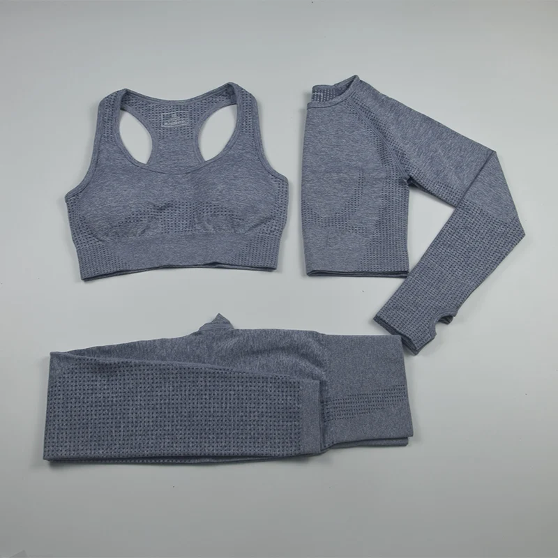 blue gray Женские спортивные костюмы из 3 предметов, бесшовный комплект для йоги, Топ с длинным рукавом для фитнеса+ леггинсы для спортзала+ мягкий спортивный бюстгальтер, одежда для тренировок, Femme - Цвет: blue gray