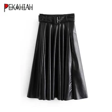 Осенний пояс шикарная черная юбка из искусственной кожи женская плиссированная юбка трапециевидной формы на молнии уличная Женская Повседневная Длинная юбка с высокой талией