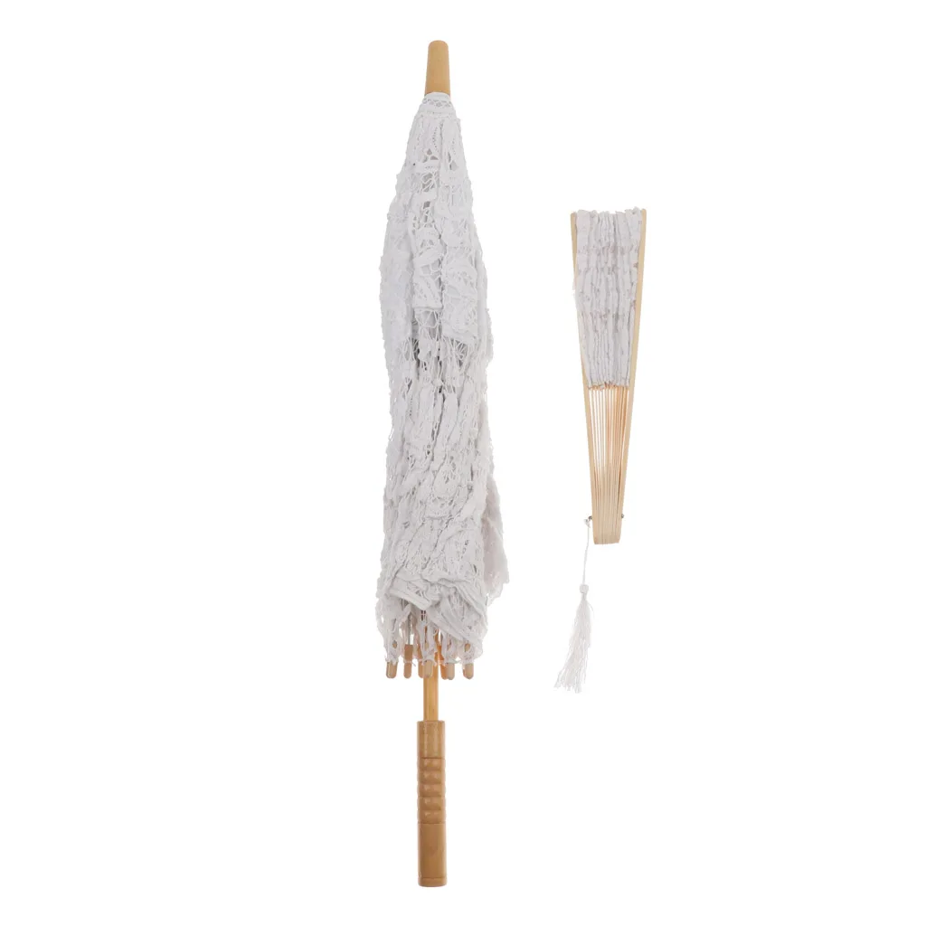 Fashion Lace Umbrella Parasol with Folding Hand Fan for Wedding Photography Dance Prop White