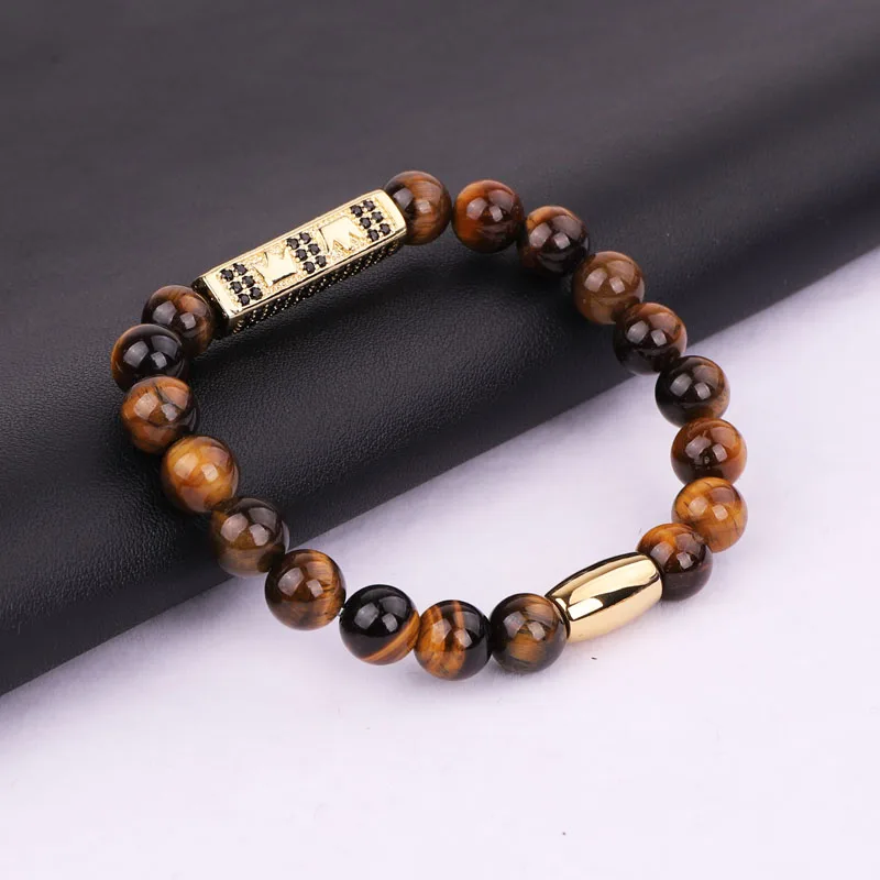 High Quality New Luxury CZ Micro Pave Ball Crown Charms Tiger Eyes Stone Beaded Adjustable Bracelet Men Women - Image 4
