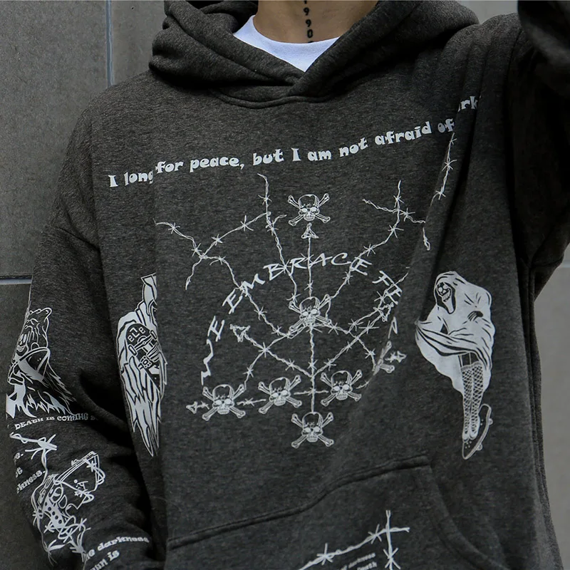  2019 Hip Hop Hoodie Sweatshirt Men Streetwear Skull Graffiti Print Hoodie Pullover Cotton Autumn Gr