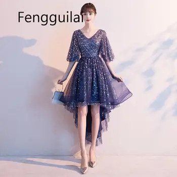 

New Summer Spring Shiny Sequin Star High Low Dresses 2020 V-neck Navy Blue Short Front Long Back Tulle Gala Dress Plus Size