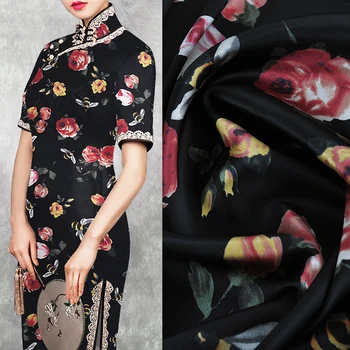 

2 meter Black Rose Bee Printed Mulberry Natural Silk Dress Fabric Stretch Satin