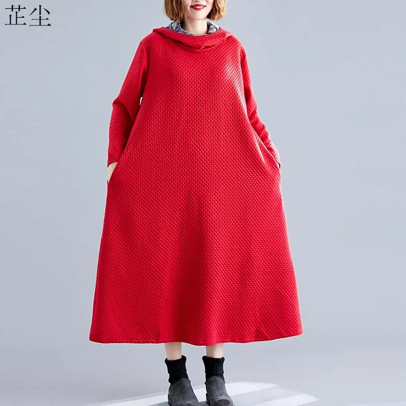 

Plus Size Women Dress 2019 Autumn Winter Vintage Loose Cotton Thicken Maxi Dress Femme Long Sleeve Hooded Long Robe Female 4XL