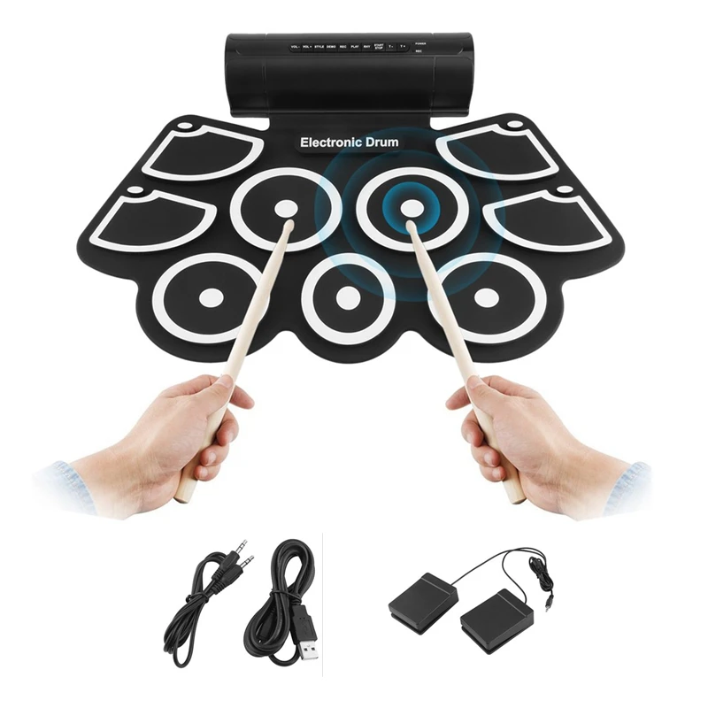 

TSAI Portable Electronics Roll Up Drum Pad Set 9Silicon Pads Built-in Speakers with Drumsticks Foot Pedals USB 3.5mm Audio Cable