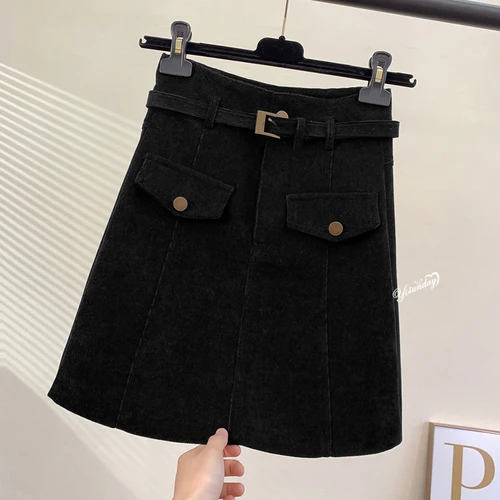 black Women Burgundy Skirt A-line with Waist Belt Decoration Black Gothic Mini Skirts Mujer - Color: black