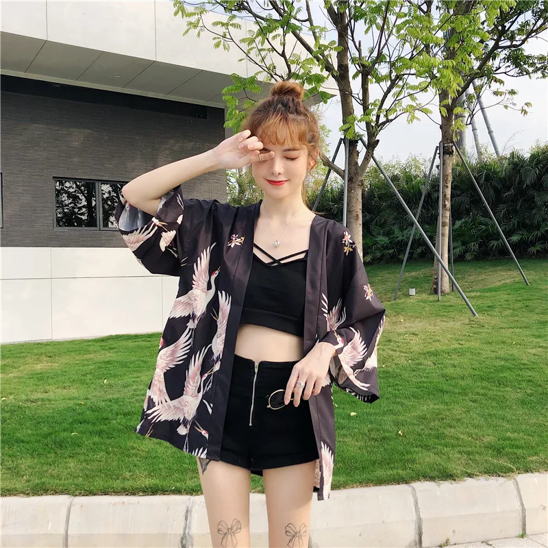 Японское кимоно Haori Yukata рубашка Женский солнцезащитный модульный кардиган кран принт Ретро традиционный шикарный пляжный костюм летняя мода