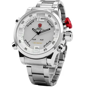 

Gulper SHARK Sport Watch Stainless Full Steel Silver Japan Movement Dual Time Date Alarm Quartz Mens Digital Wristwatch / SH104