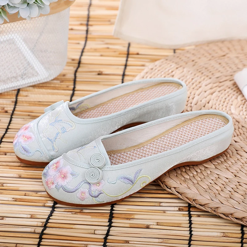 Veowalk Blooming Peacock Embroidered Women Summer Canvas Close Toe Flat  Slippers Handmade Vintage Ladies Comfort Mule Shoes