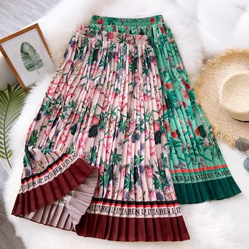 

European Style Vvintage Print Skirt Women Pleated Skirt Midi Retro Floral Half Beach Skirt Elastic Waist 2020 Spring and Summer