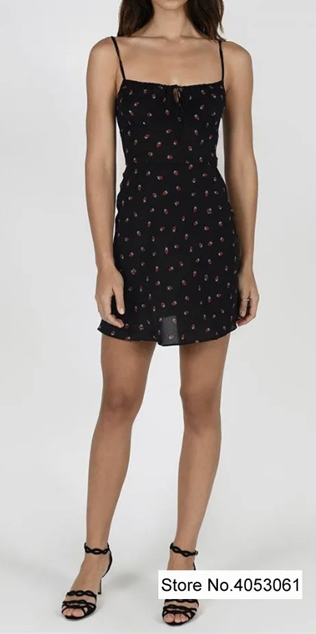 

Ladies Silk 100% Sweet Strawberry Printed Spaghetti Strap Short Mini Dress With Drawstring Detail