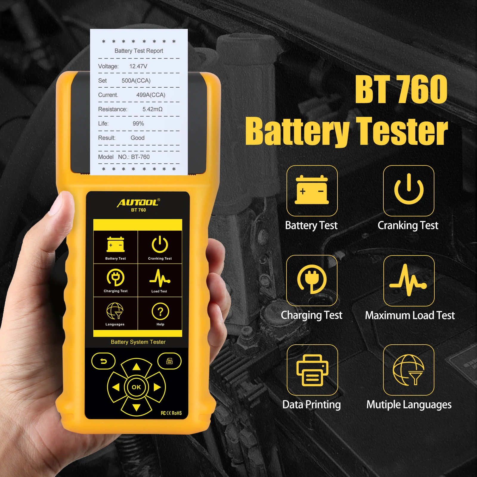 

AUTOOL BT760 12V 24V Car Battery Tester 10-2200CCA Car Battery Analyzer Quick Cranking Charging Diagnostic with Thermal Printer