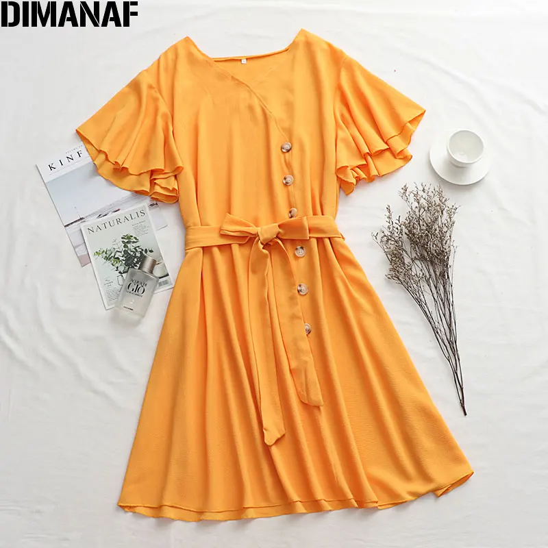 

DIMANAF Plus Size Women Dress Summer Vestidos Butterfly Sleeve Female Elegant Office Lady Loose Solid Dress With Sashes 2020 New