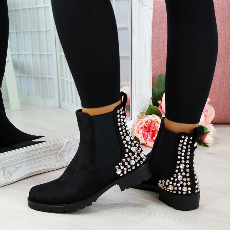 

Warm Women Boots Ladies Rubber Short Rivet Boots Studs Chunky Low Heel High Top Ladies Shoes Sizes