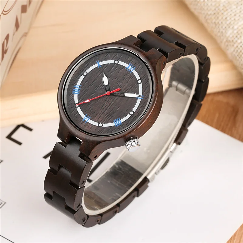 Handmade Ebony Wooden Clock Lady Quartz Analog Watches Luminous Pointers Roman Number Dial Wrist Watch to Women Wood Bracelet