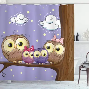 

Bird Shower Curtain Cartoon Owl Bird Family Cute Animal Sitting On Tree Branch Cloth Fabric Home Bathroom Decor Set With Hooks