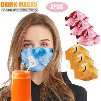 

3PCS Adult Face Mask Scarf Tie-dye Print Reusable Protect Dustproof Washable Drinking Face Mask with Hole for Straw maseczka